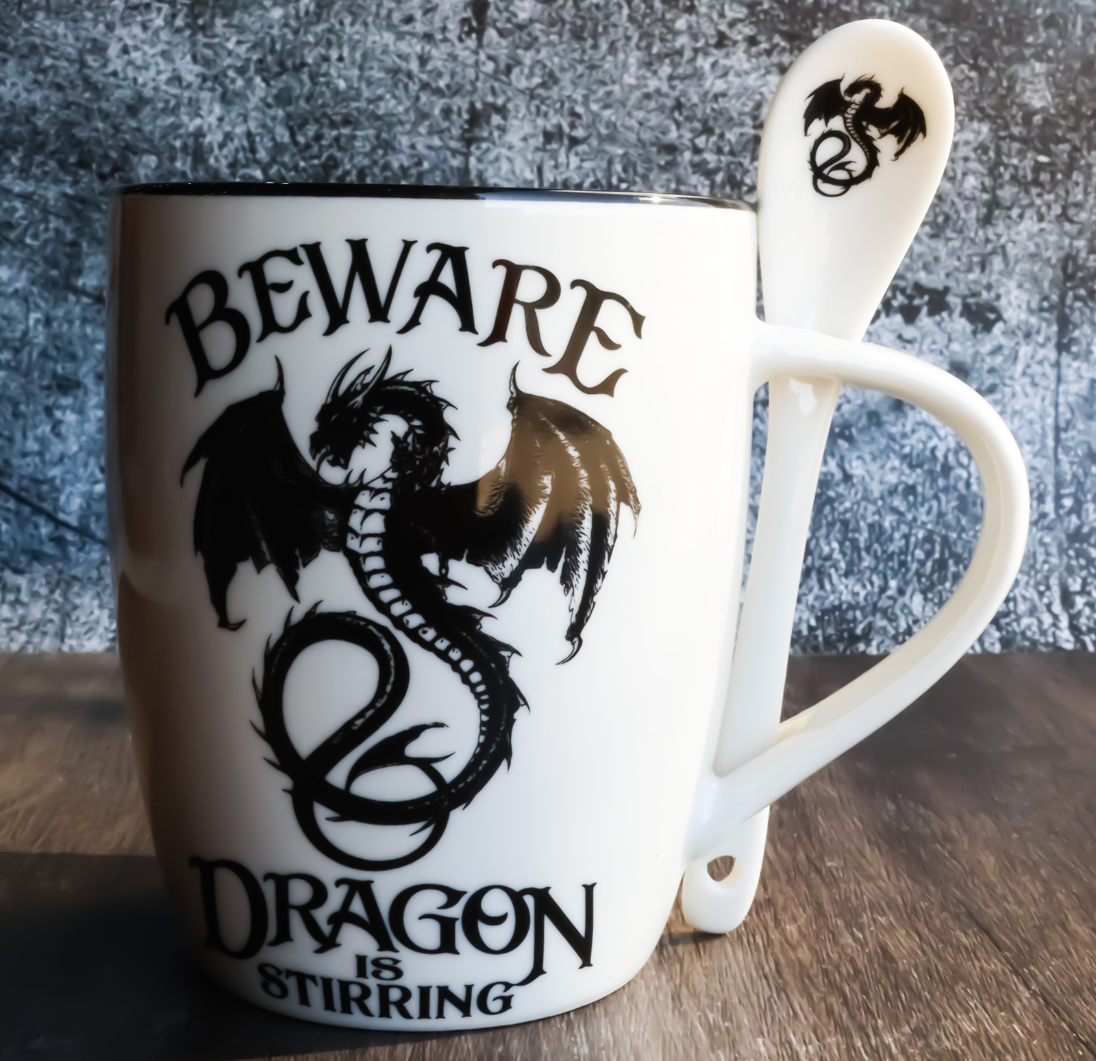 Ebros Altar Drake Beware Dragon Is Stirring Cocoa Tea Coffee Cup Mug & Spoon Set