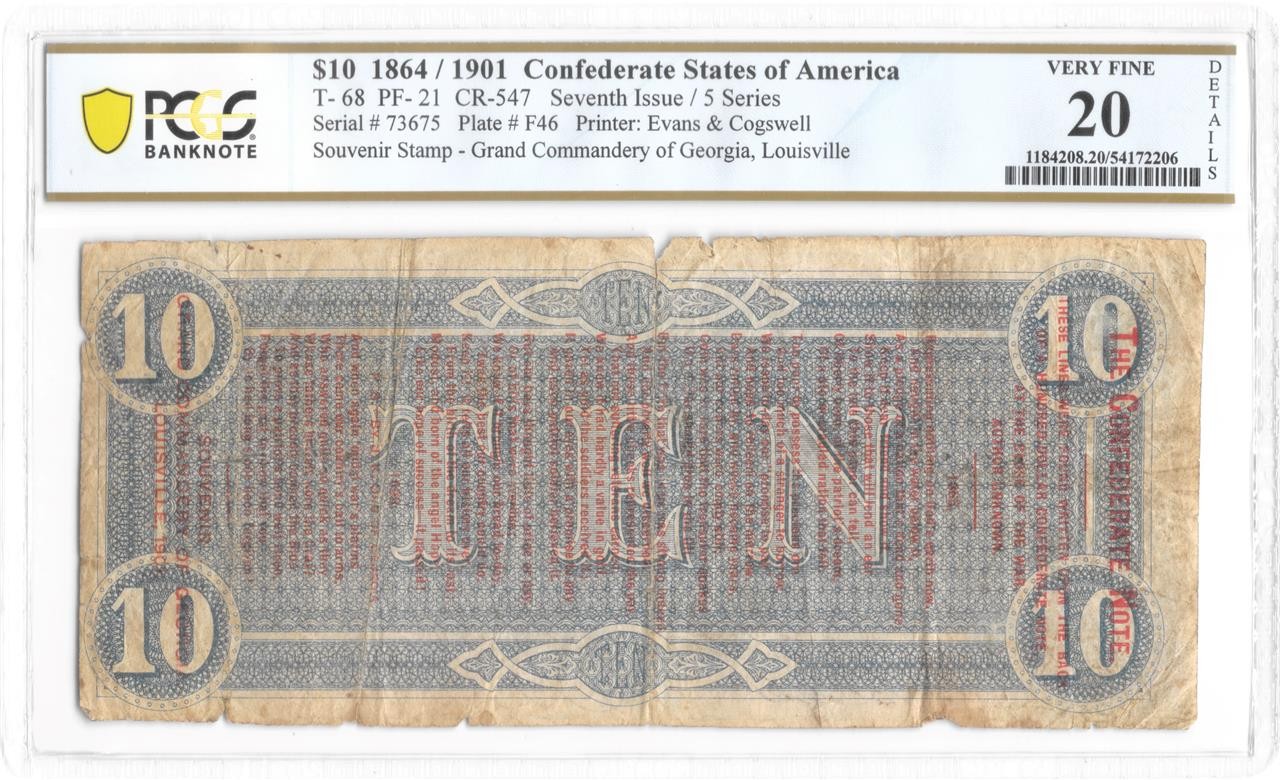 Confederate Note Poem On T-68 $10 1864 PCGS VF20 Det 1901 Reunion Commemorative