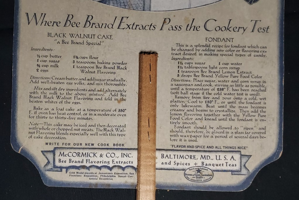 Old Advertising Premium Fan McCormick BEE BRAND Vanilla Baltimore Fondat Walnut