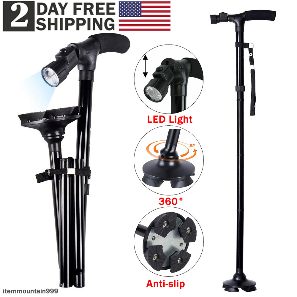 LED Folding Walking Cane for Seniors Men&Women with Non-Slip T Handle and Strap