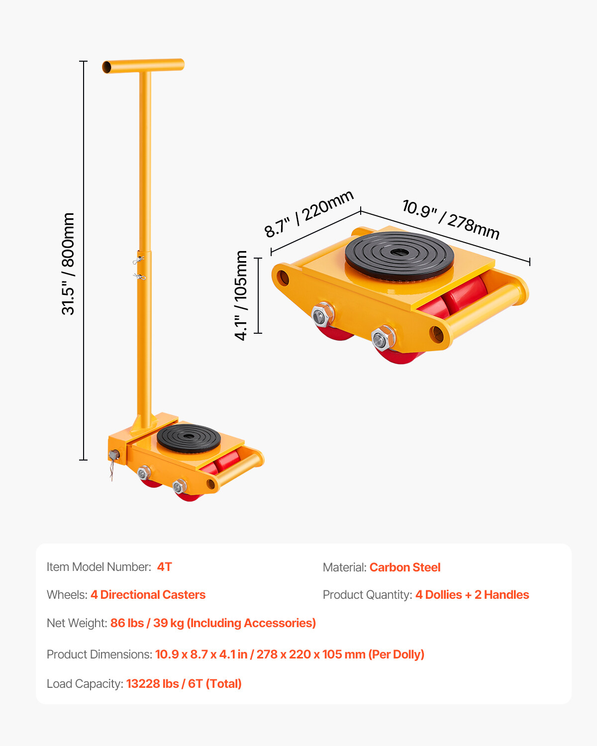 Machine Skate 13228 lbs 6T Machinery Skate Dolly with Handle 360° Rotation