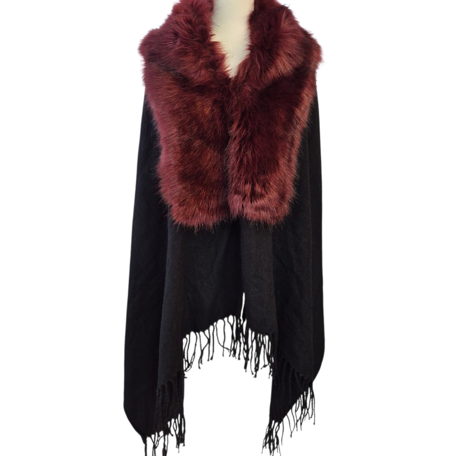 Jessica McClintock Faux Fur Trimmed Shawl Wrap Scarf Black Red Fringe One Size