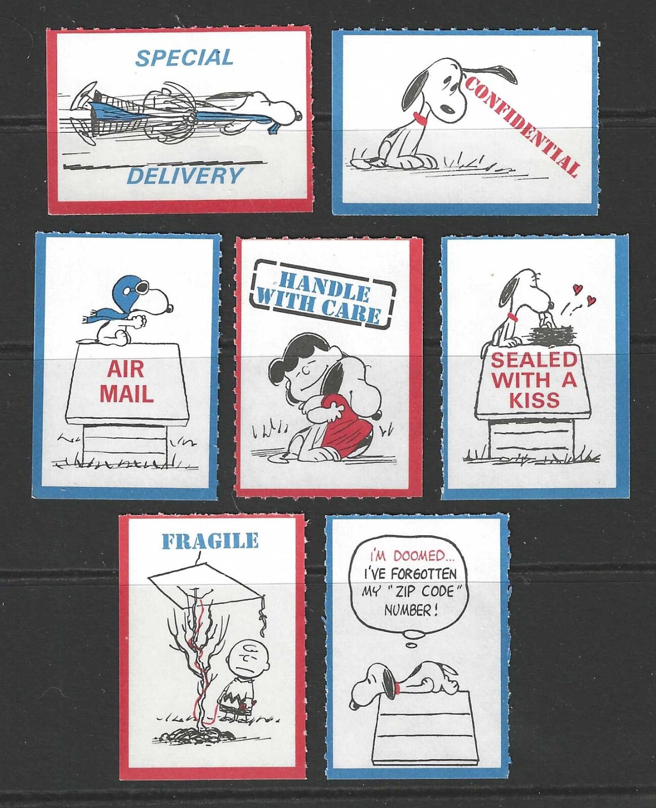 PEANUTS / SNOOPY - VINTAGE 1970's POSTAL STICKERS - COMPLETE SET OF 7