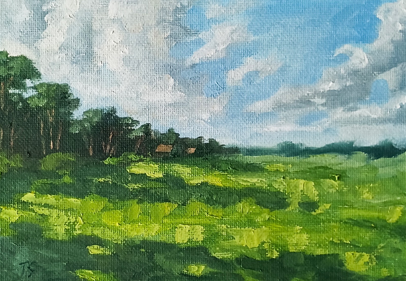ORIGINAL Oil Painting Modern Impressionism Landscape Green Grass Sun Field 5"x7"