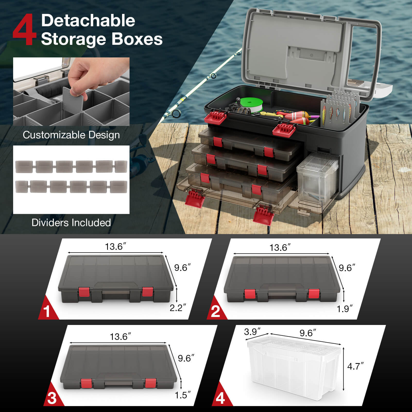 5 Layers Fishing Tackle Box w/ Dividers & Top Storage 3 Removable Utility Boxes