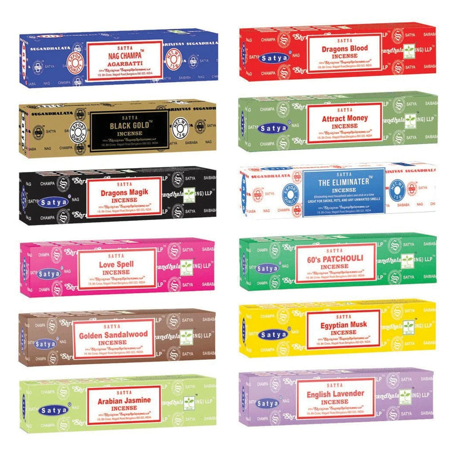 12 Pack Assorted Satya Original Nag Champa Incense Sticks 180 Pack | 15g boxes