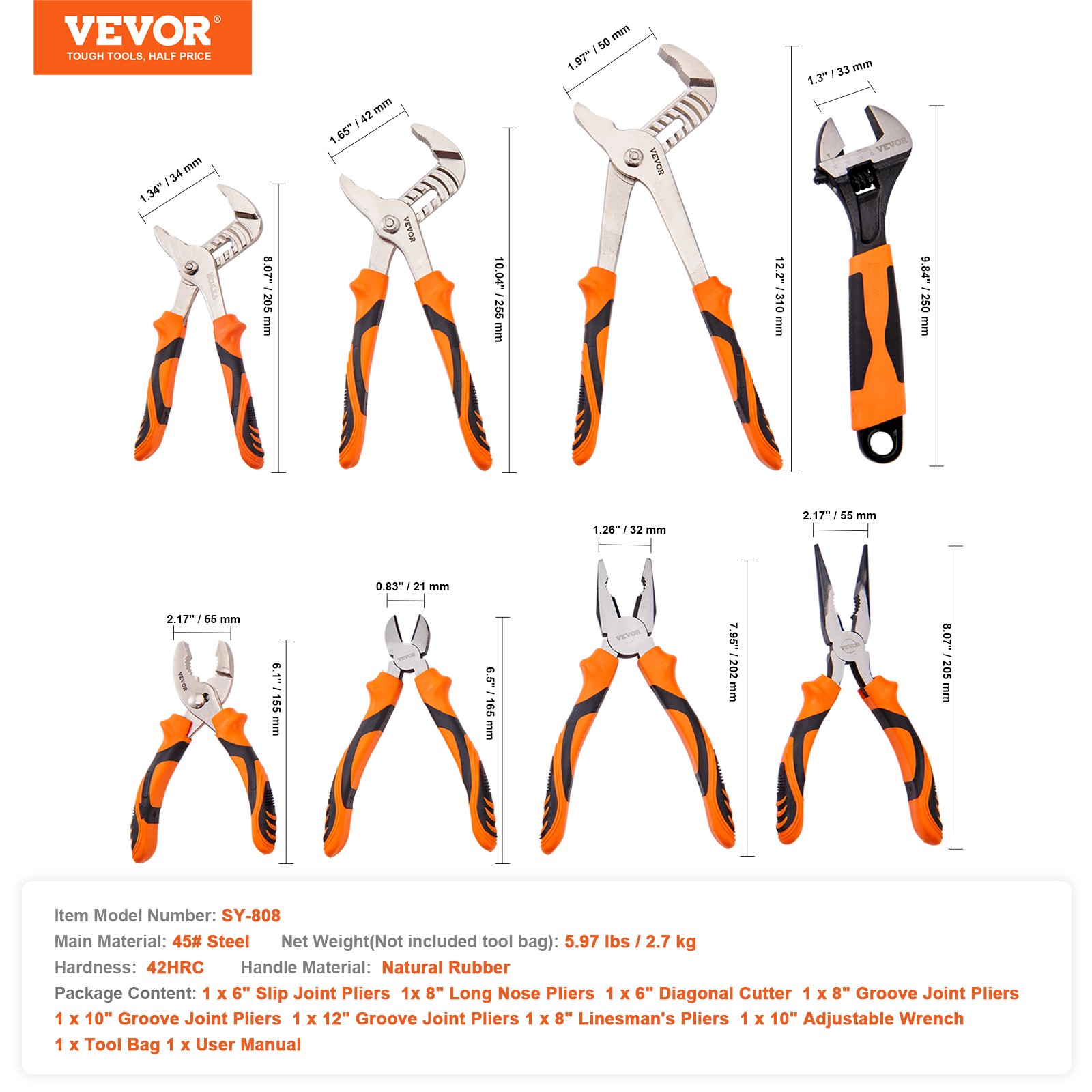 VEVOR Pliers Set Groove Joint Pliers 8-Piece High Carbon Steel 12"/10"/8"/6"