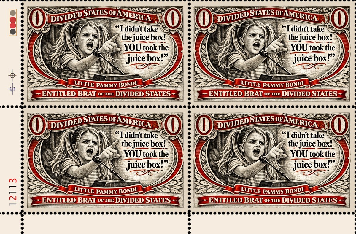 Pammy Bondi - BRAT  (tRump) -  Art Stamps (Artistamp, Faux Postage, Cinderella)