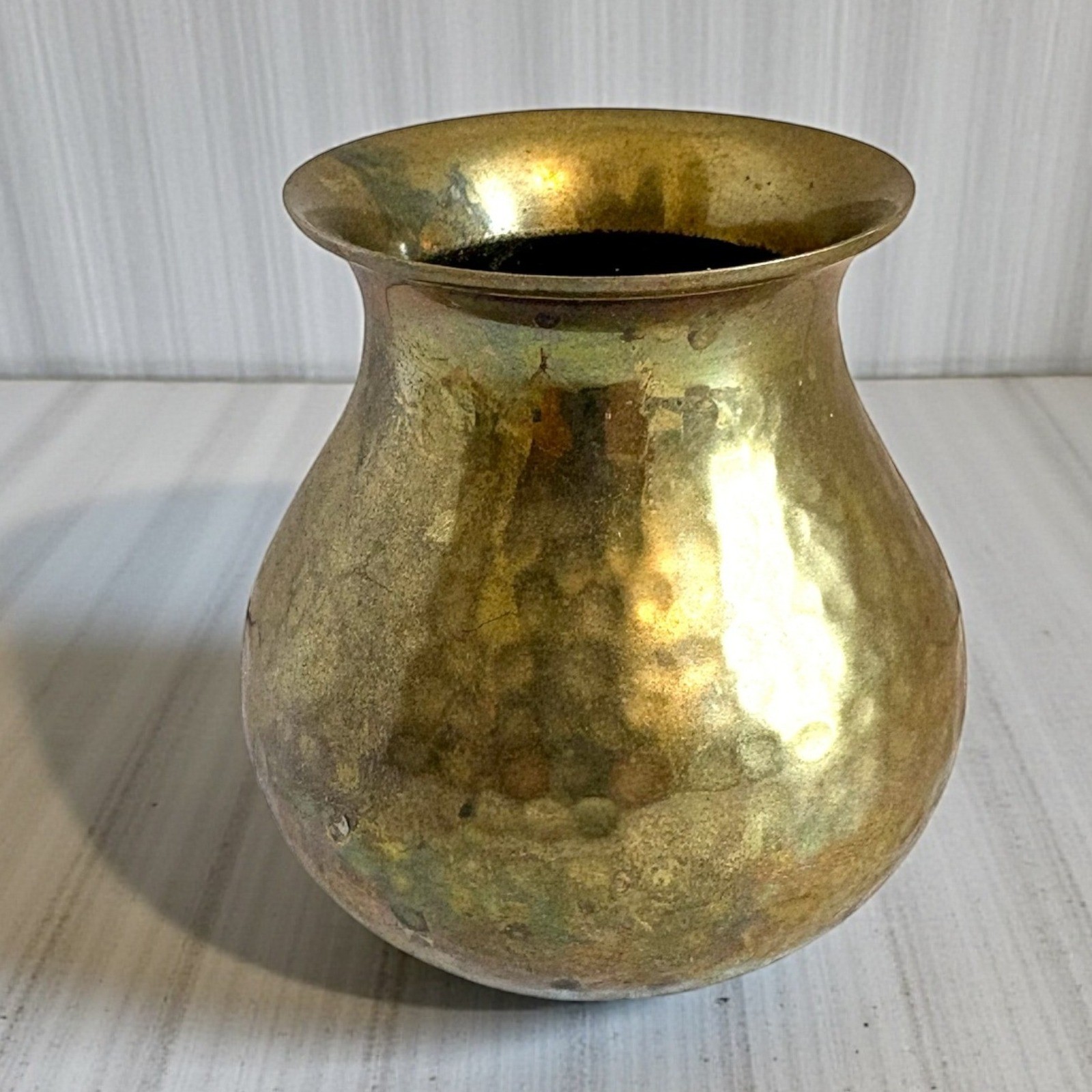 Vintage Solid Brass Hammered Mini Bud Vase Made in India 3.25 Inch Bulbous Gold