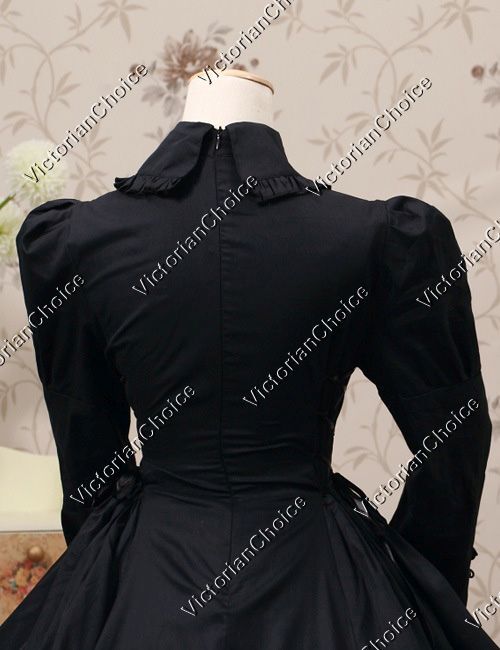 Black Victorian Gothic Maid Mourning Dress Steampunk Witch Halloween Costume 007