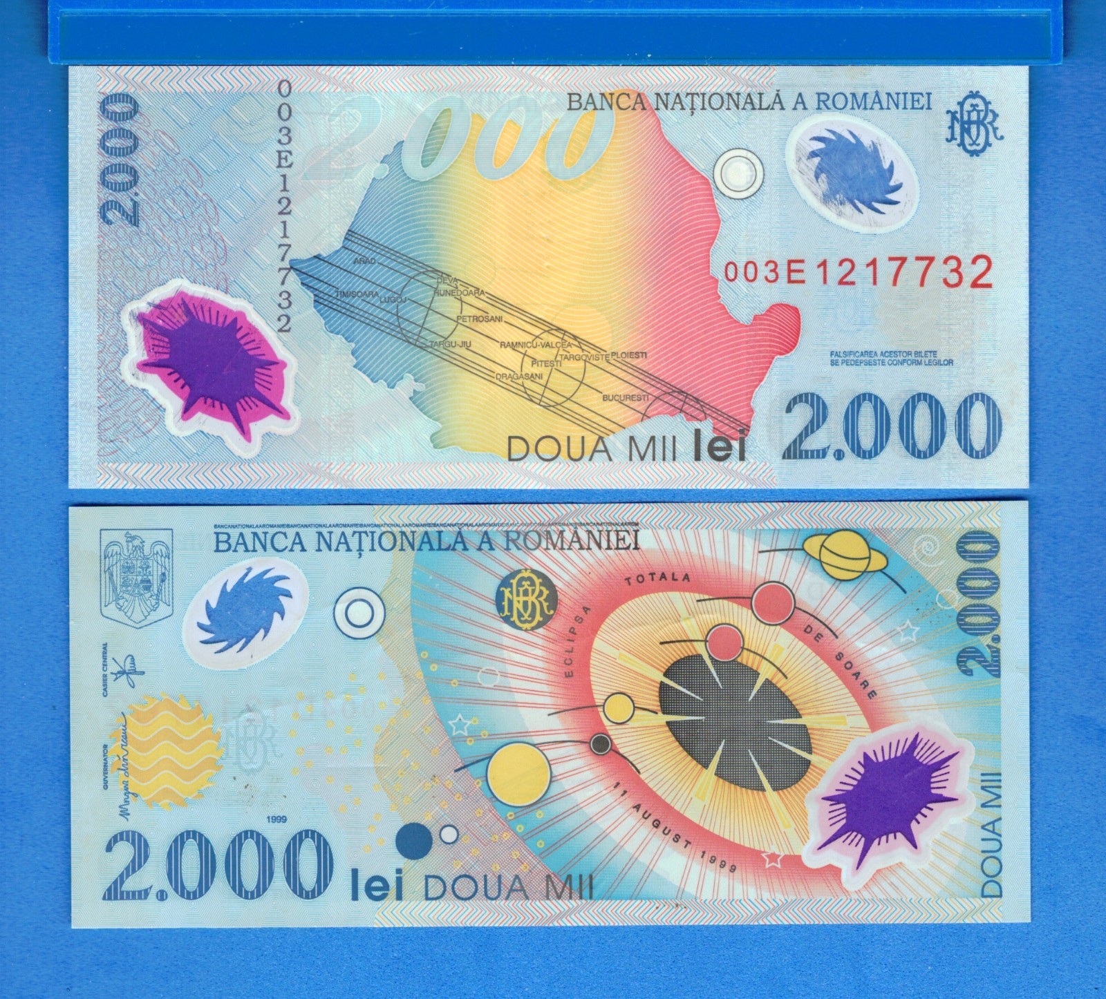 Romania P-111 2000 Lei Year 1999 Solar System Circulated Polymer Banknote