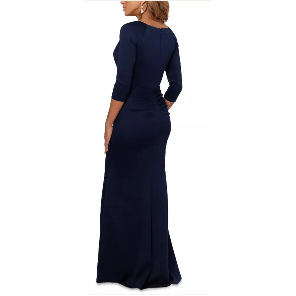 Xscape Midnight Blue Ruched Scuba Ruffle 3/4 Sleeve Dress Gown Size 8 $248