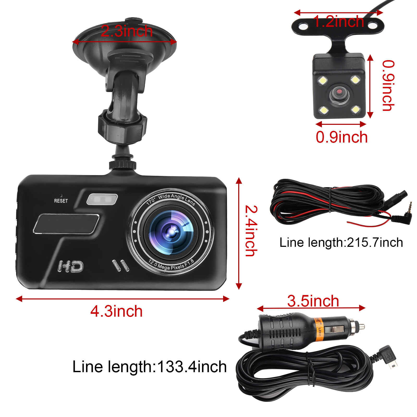 4" 1080P Screen Dash Cam Dual Lens Car DVR Recorder Front and Rear Camera