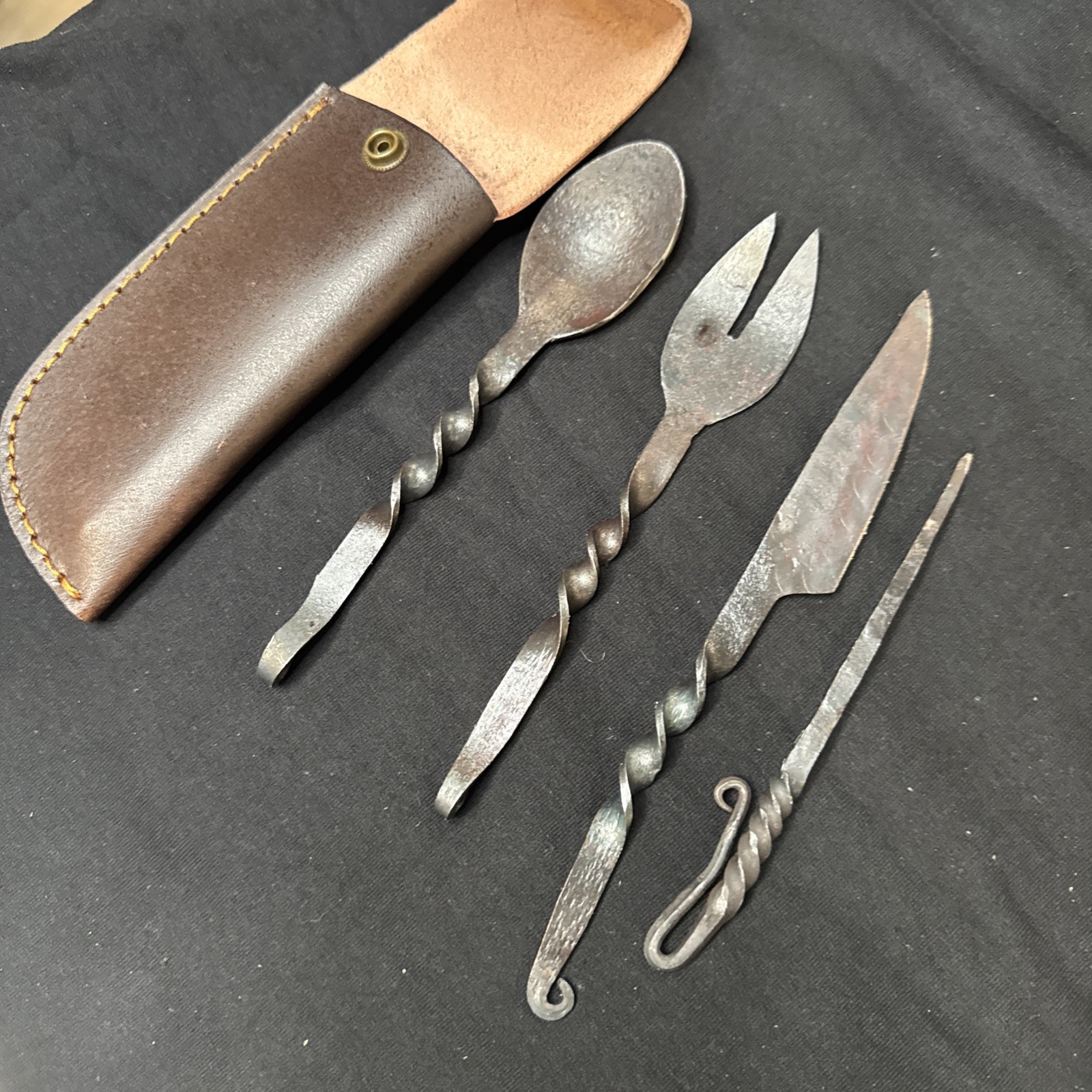 Handmade Medieval Cutlery Set With Cover -Hand Forged Viking Eating Utensils Set