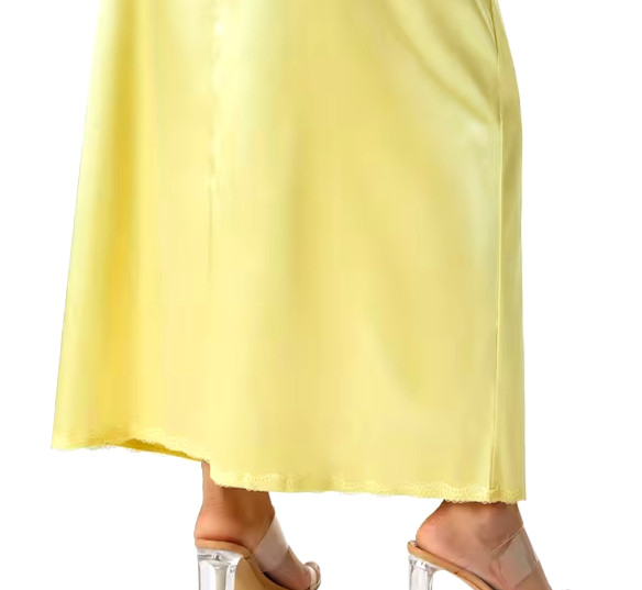 New Gorgeous Feminine Yellow Satin Lace Hem Long Half Slip Plus XL NEW