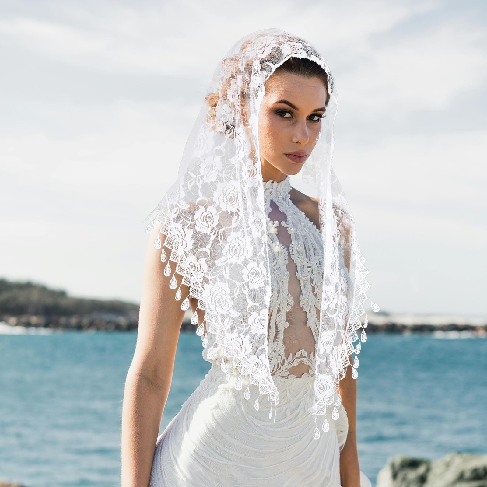 2 Pcs Mass Veil Triangle Mantilla Cathedral Head Covering, Chapel Veil Lace S...