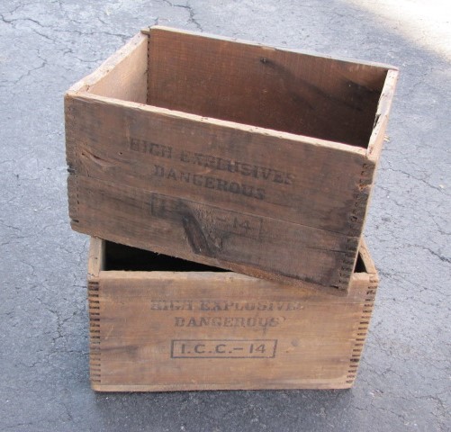 a Pair (2) Antique DUPONT 25lb Red Cross DYNAMITE BOXES High Explosives CRATES