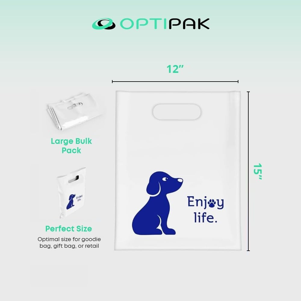 OPTIPAK 12x15 Plastic Bags – 50 Pack with Die-Cut Handles for Retail & Party