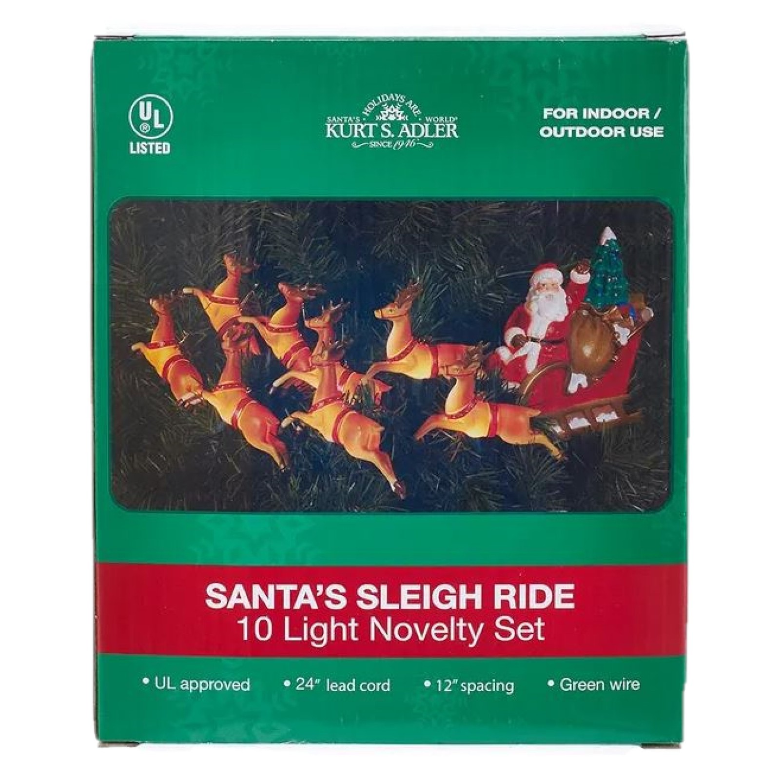 Kurt Adler Indoor/Outdoor UL 10-Light Santa Sleigh & Reindeer Light Set, 9ft