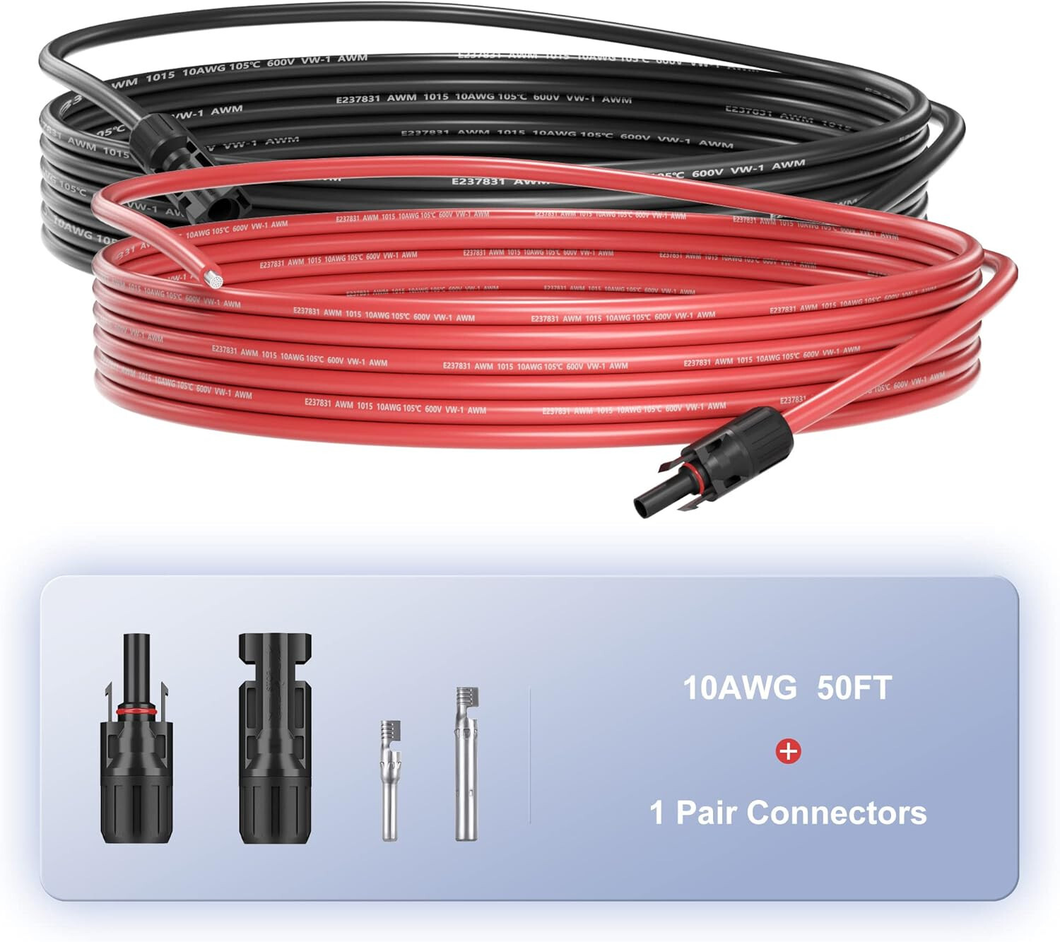 50FT 10 AWG Solar Panel Extension Cable PV Wire Solar Connectors Pair 6mm²