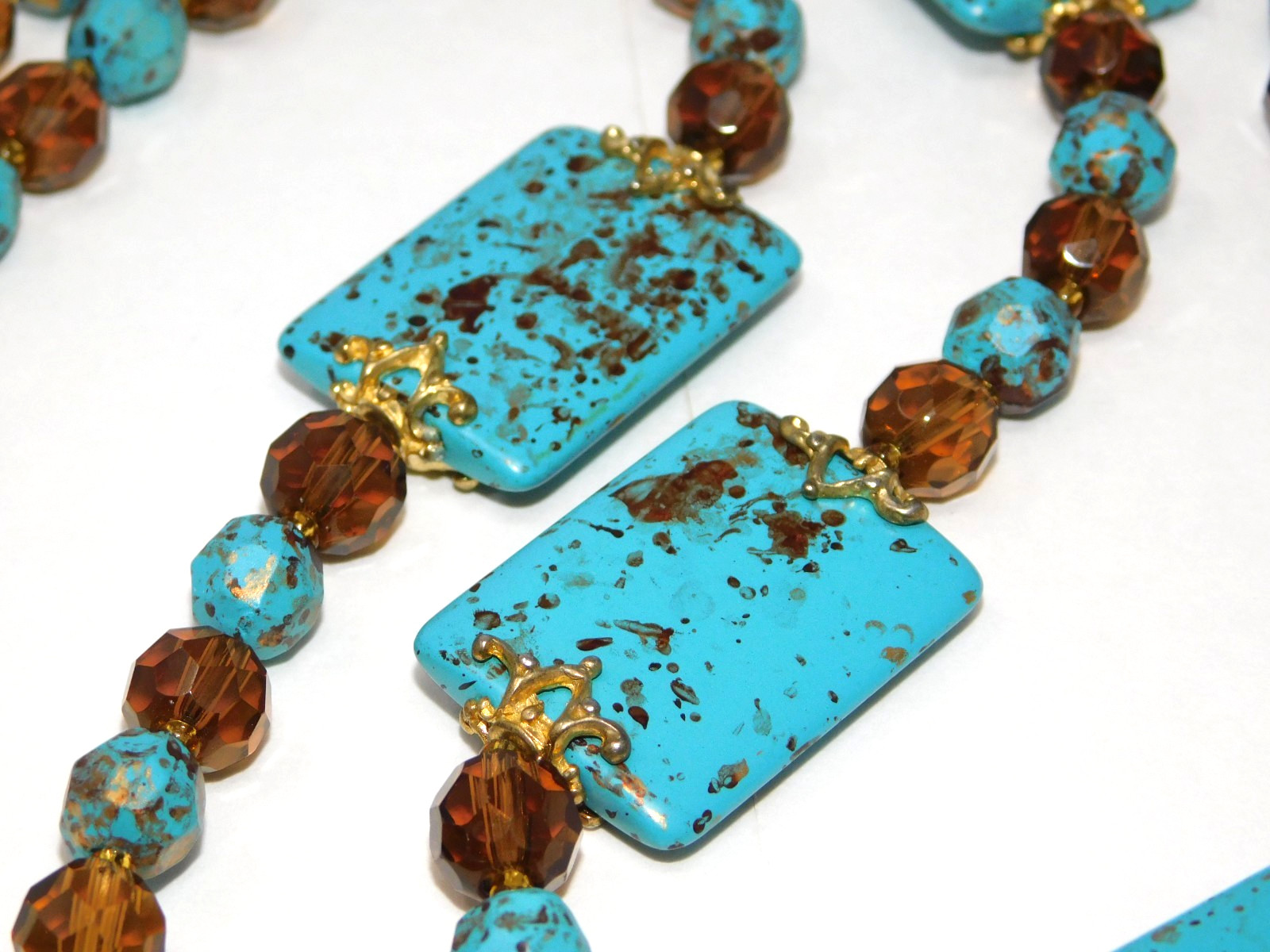 Vintage JOAN RIVERS Faux Turquoise & Amber Glass Necklace Bracelet Earrings Set