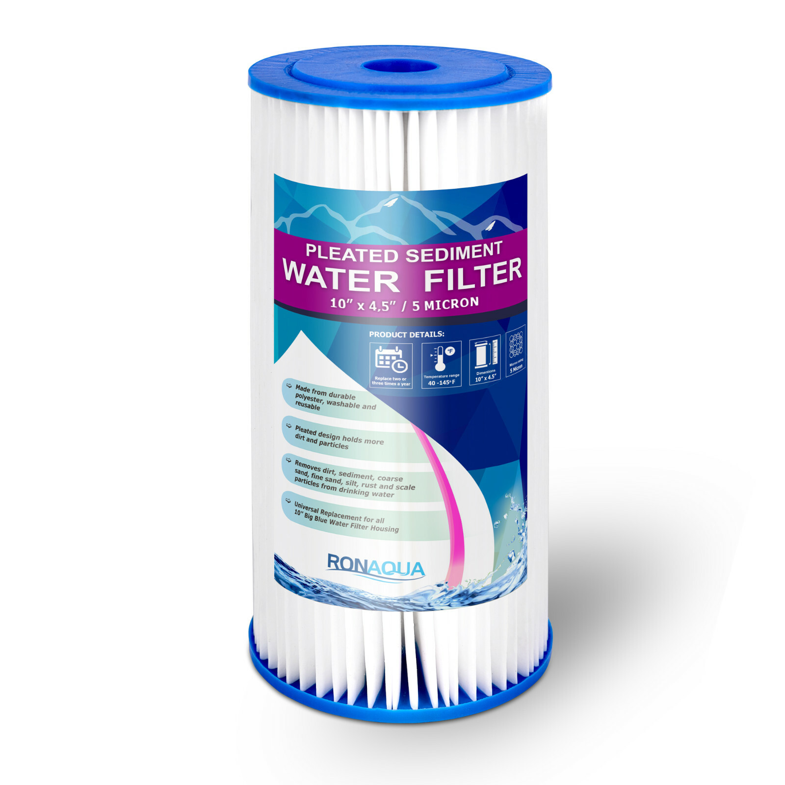 Big Blue Pleated Sediment Water Filter  Washable 5 Micron Cartridges 4.5 x 10