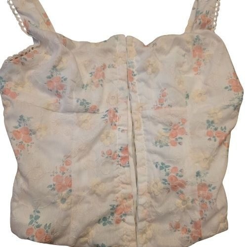 Altar'd State Corset Crop Top Floral Print White Pink Girlhood Core Lace Trim XS
