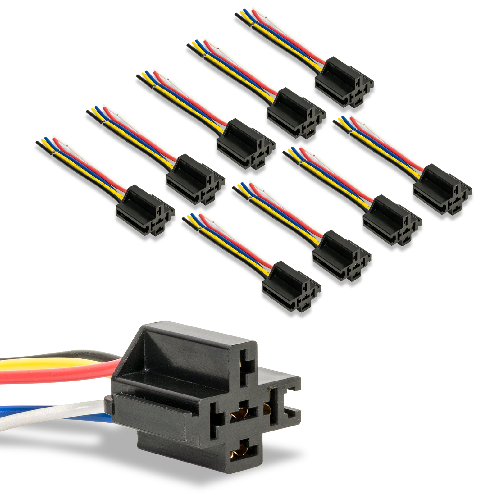 10pc Bosch Style 5-PIN SPDT Interlocking Relay Socket Harness Base (With Wires)