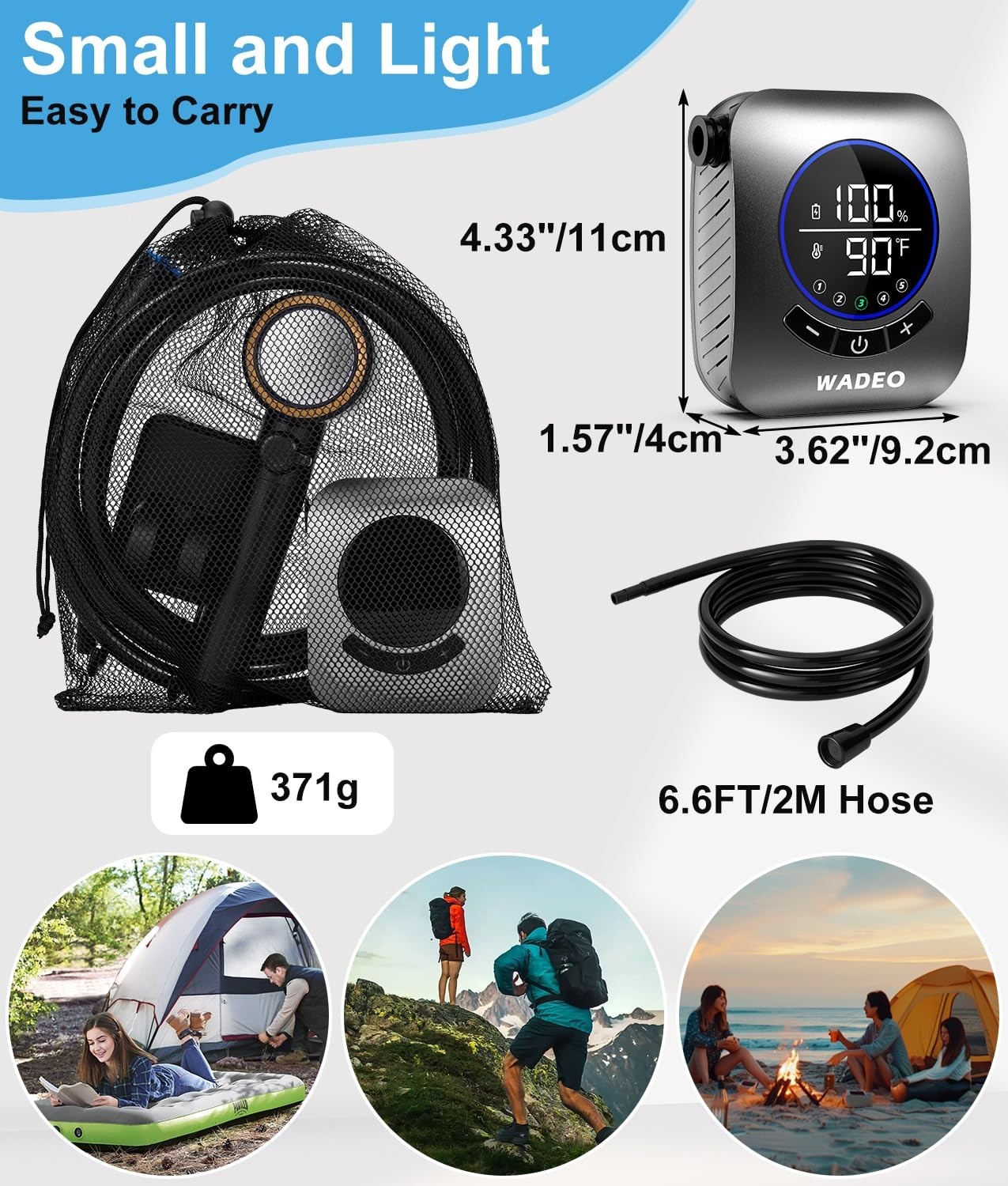 WADEO 8000mAh Rechargeable Portable Shower 5 Pressure Levels Fahrenheit Display