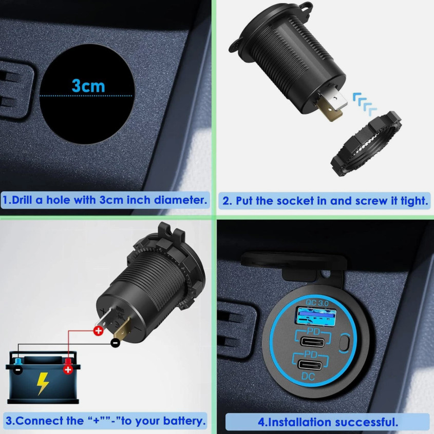 12V-24V QC3.0 + PD USB C Car Fast Charger Power Socket Outlet for Boat RV Marine