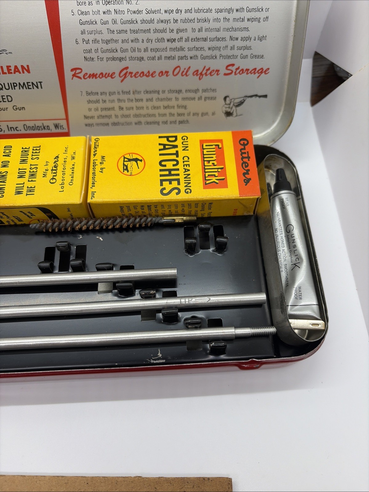 VTG Outers Gunslick No. 477 Rifle Cleaning Kit 22 In Original Box Red Tin (13)