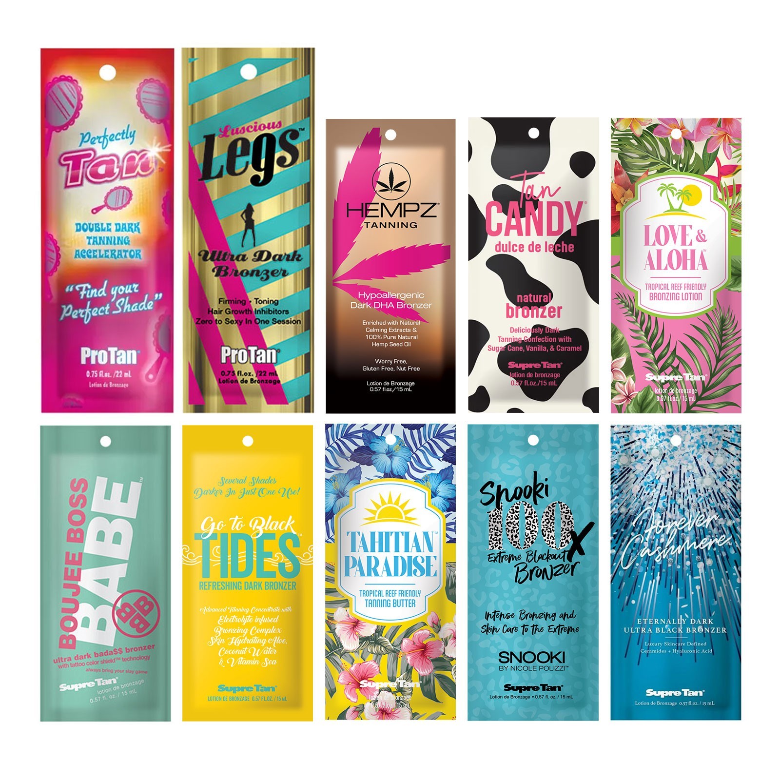 10 Different Tanning Lotion Sample Packets - Premium Maximizers & Bronzers