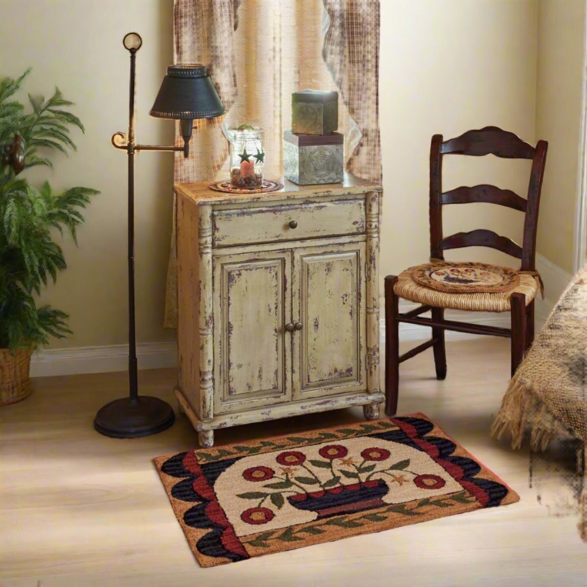 Primitive/Farmhouse Flower Basket Hooked Rug - 24" X 36"