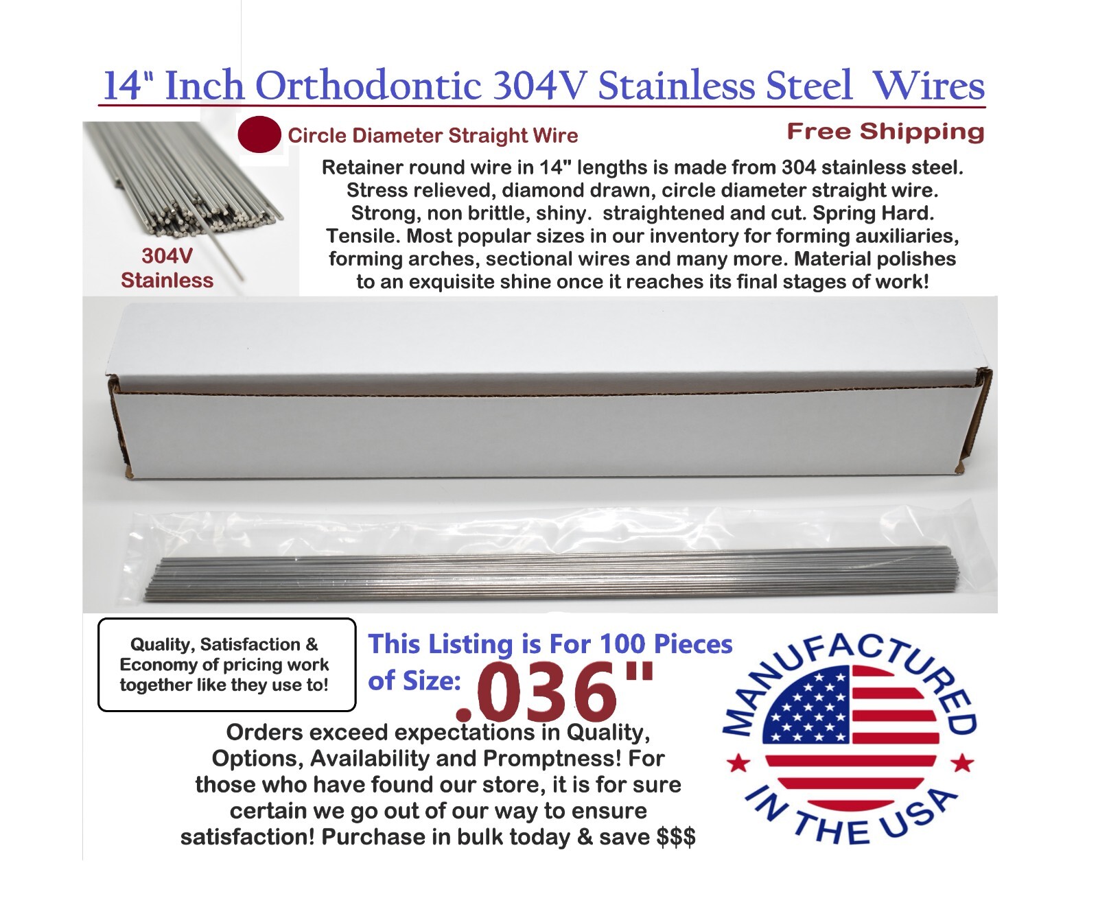 Orthodontic Stainless Steel Straight Lengths .036" Wire SS 14'' Lengths 100 Pack