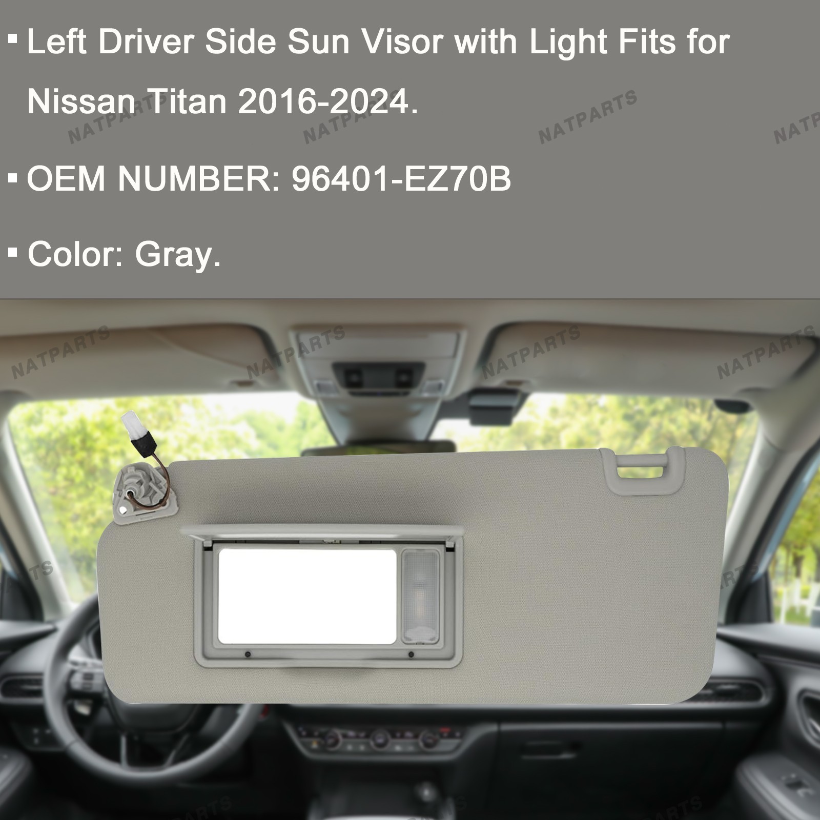 Left Driver Side Sun Visor w/ Light for Nissan Titan 2016-2024 96401-EZ70B