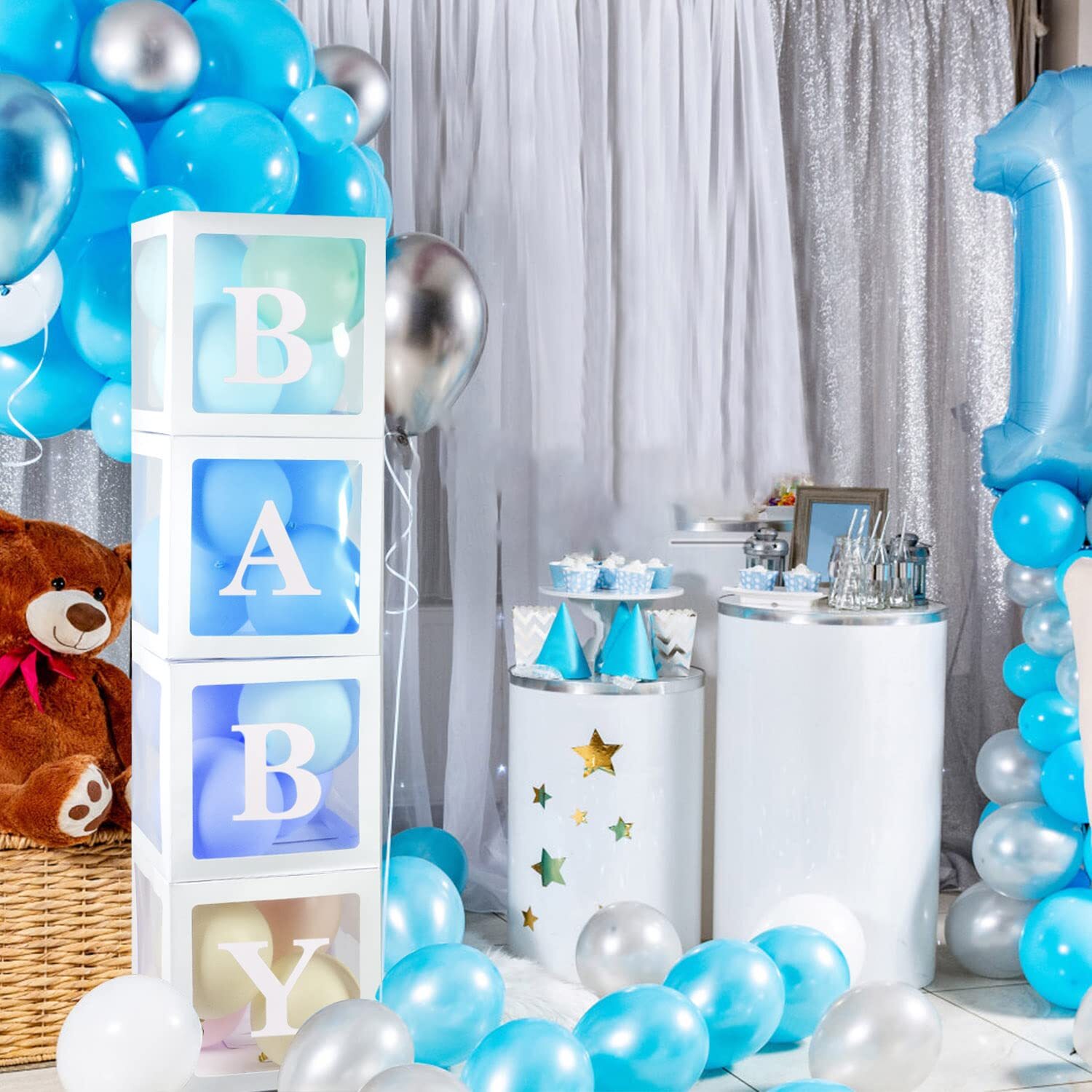 PABUES Baby Boxes with 4 PCS Letters for Baby Shower White Clear Balloon Box ...