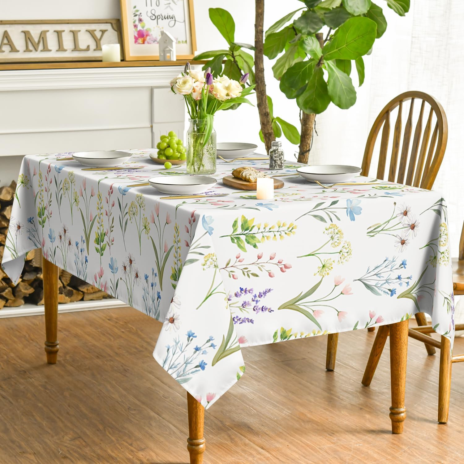 Spring Tablecloth 60×84 Inch Rectangular, Wildflowers Floral Herbs Elegant Washa