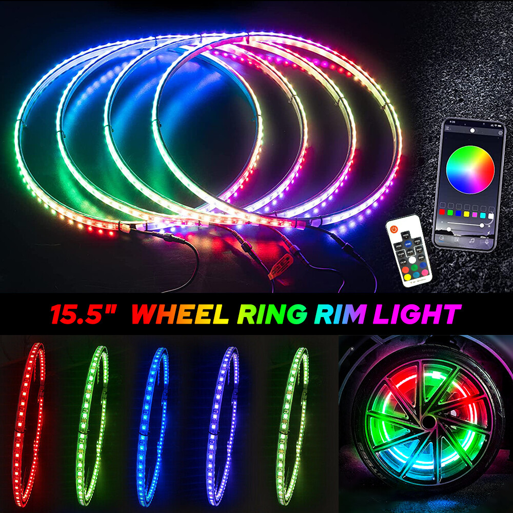 15.5" LED Wheel Ring Rim Lights RGB Color Chasing Brake & Turn Signal Bluetooth
