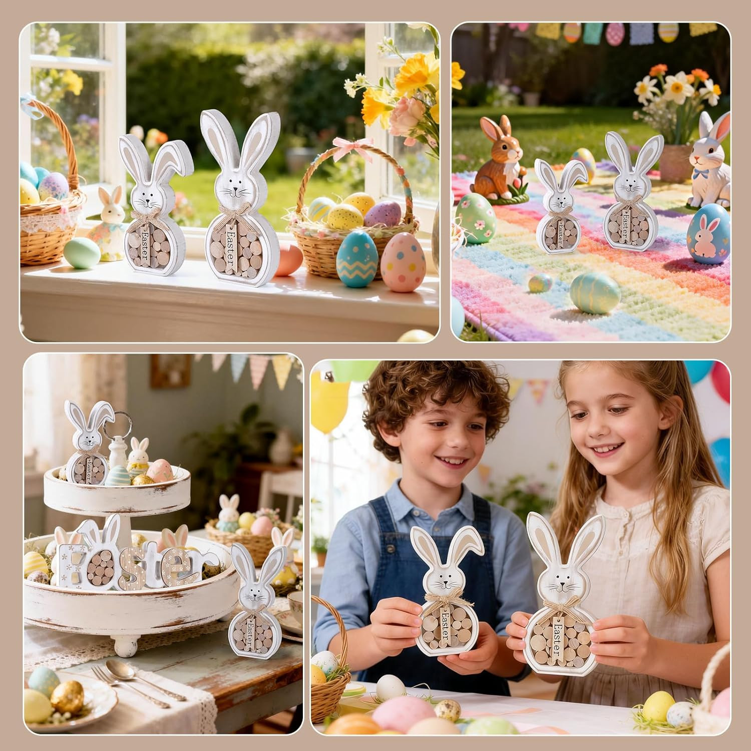 Easter Decorations, 2Pcs Easter Table Decorations for Home,Farmhouse Retro Woode