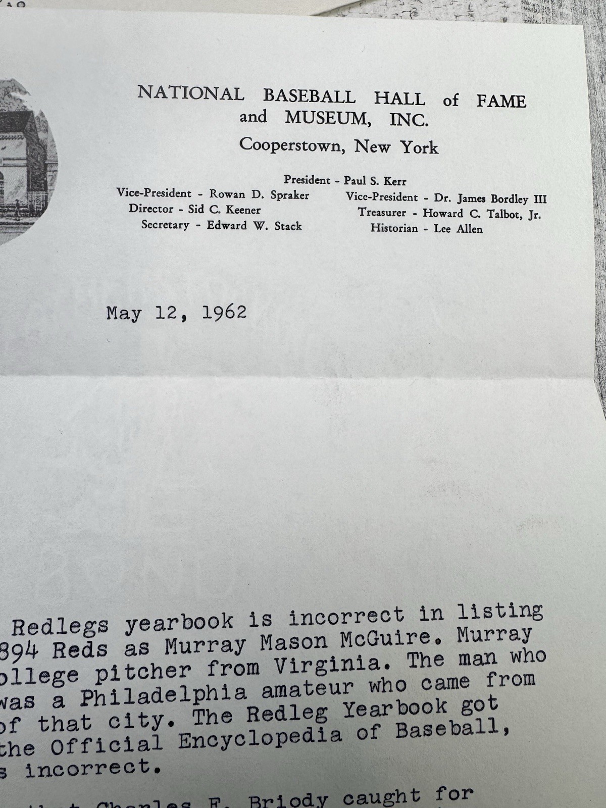 Baseball Hall of Fame Letter 1962 Signed Lee Allen Historian Cooperstown Sports