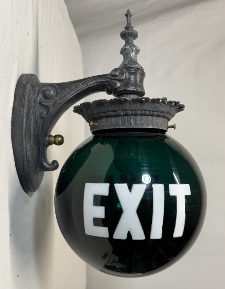 Exit Glass Light Shade Globe Vtg Wall Sconce Green Art Glass USA #L47