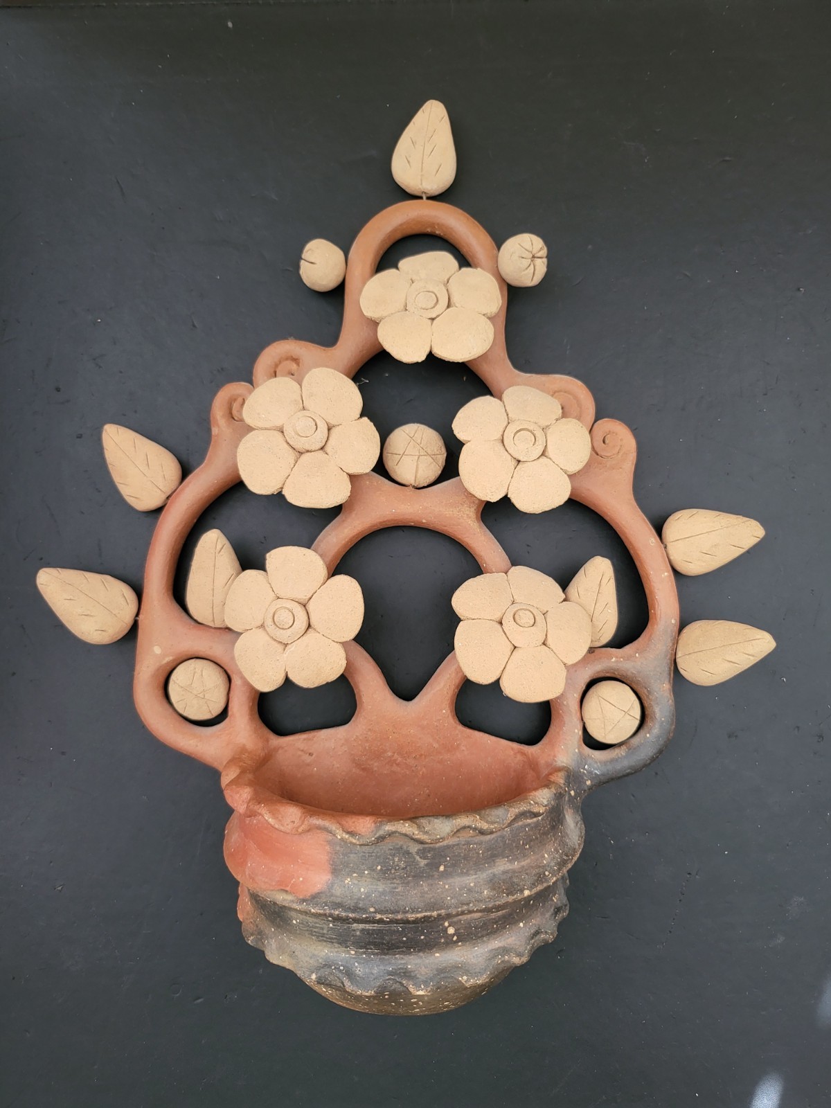 Vtg Mexican Folk Art Tree of Life Flowers Leaves Terra Cotta Wall Planter 14¼"