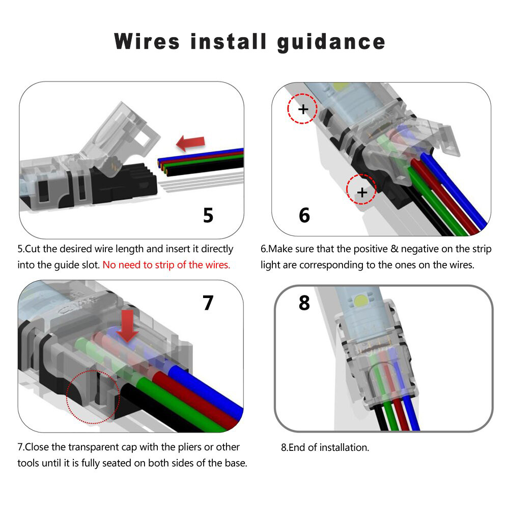 10PCS RGB LED Connector 4 Pin for LED Strip Light with 16ft/5M Extension Cable