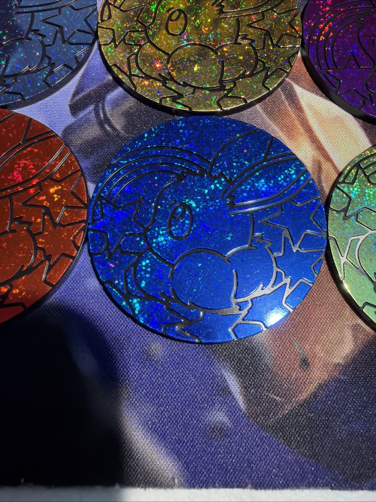 Set Of 7 Pokemon PRISMATIC EVOLUTIONS Jumbo Eevee Coins Sparkle Red Blue Pink