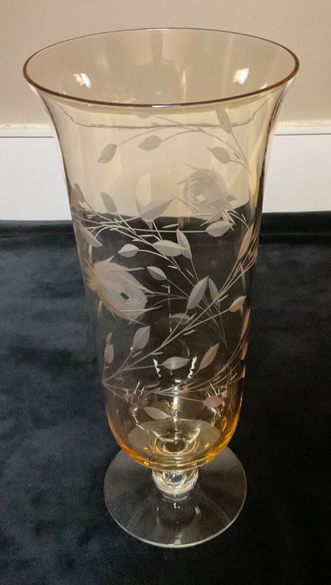 Vintage Amber Etched Art Glass Footed Vase. Vines and Flowers. 10”
