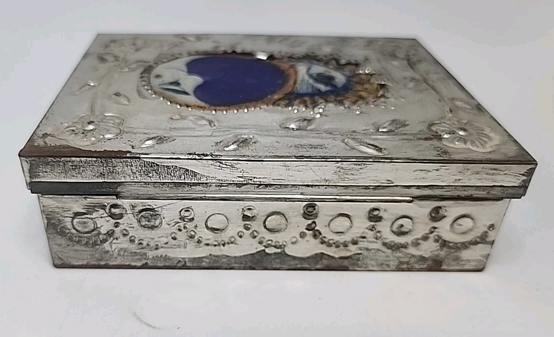 Vtg Mex. Folk Art Hand Painted Stone Pottery Aztec/Mayan Sun & Moon Trinket Box