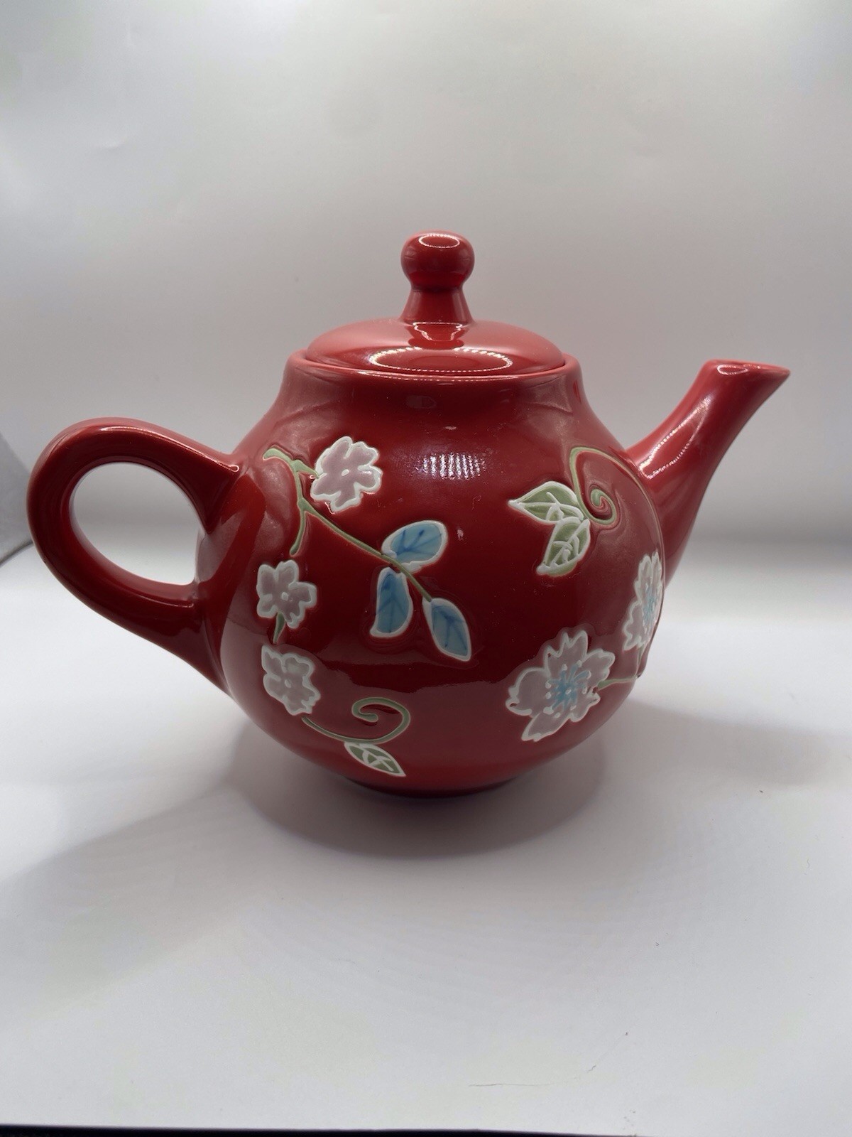 FSG Red Stoneware Floral Teapot With Strainer Pink Blue Green Flowers