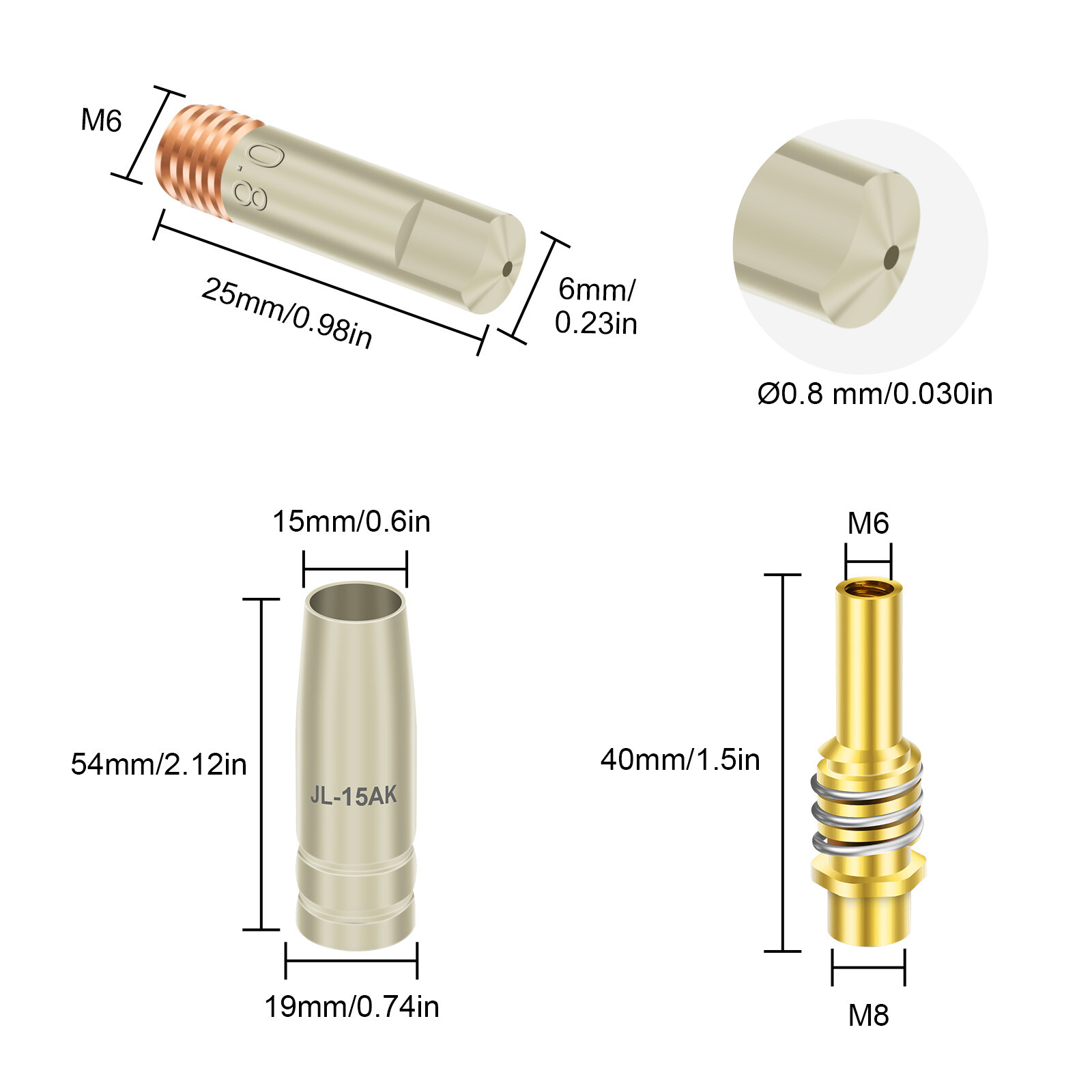 15AK Welding Gun Accessories 0.03'' 0.8mm Contact Tip Nozzle Diffuser 14pcs