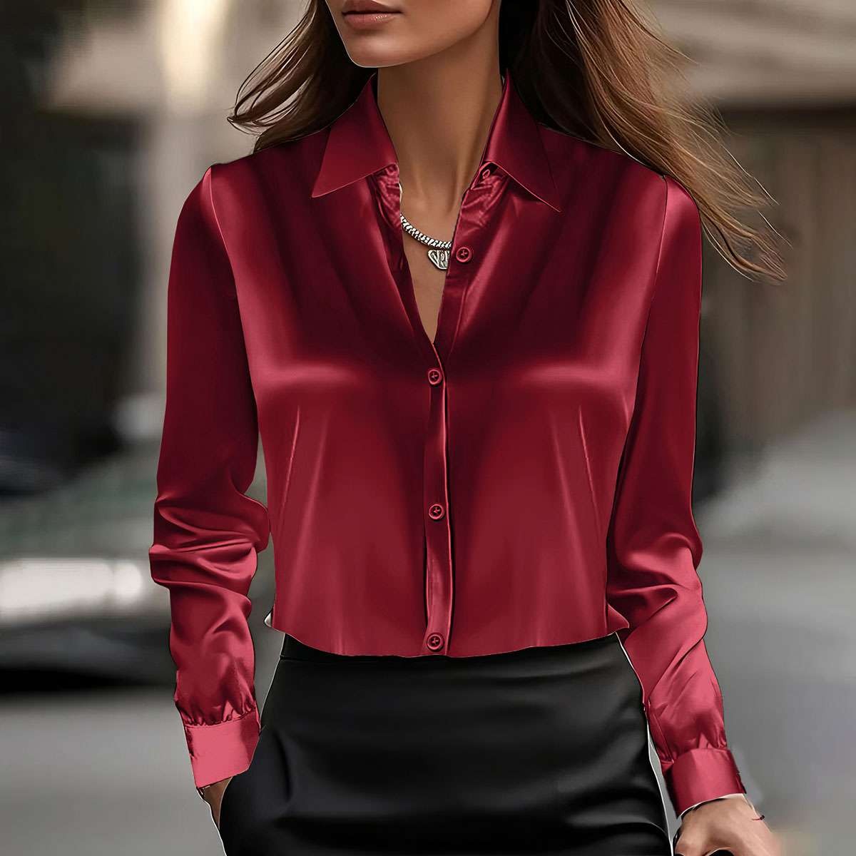 Elegant Women Satin Shirt Solid Color Long Sleeve Blouse Casual Button Down Tops