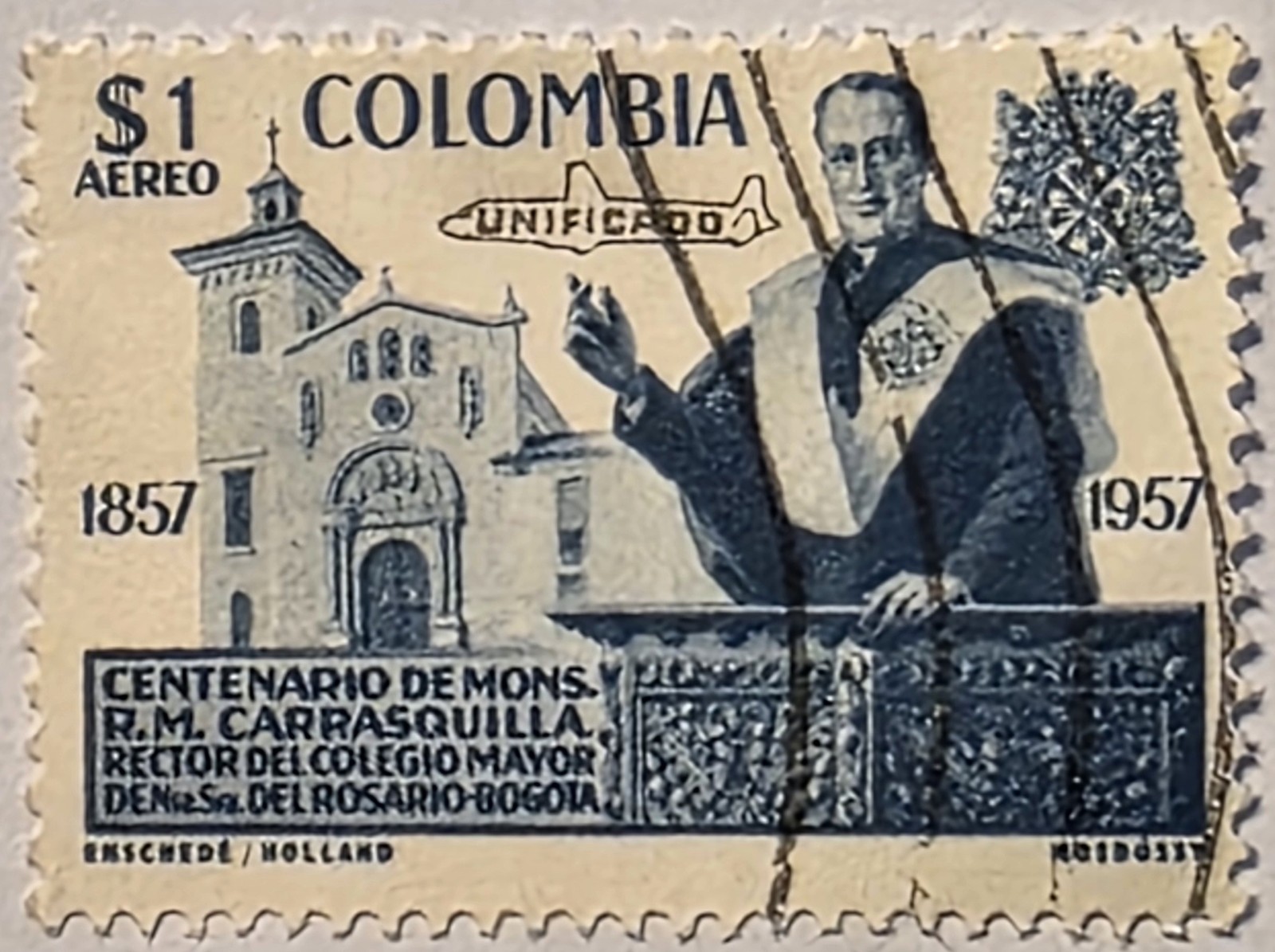 Colombia 1957, Msgr. Carrasquilla, 1 Peso Used Airmail Stamp, #C341, FREE SHIP!